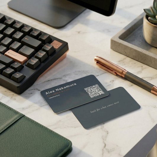 Charcoal Minimal QR Code Tech Founder Startup  名刺