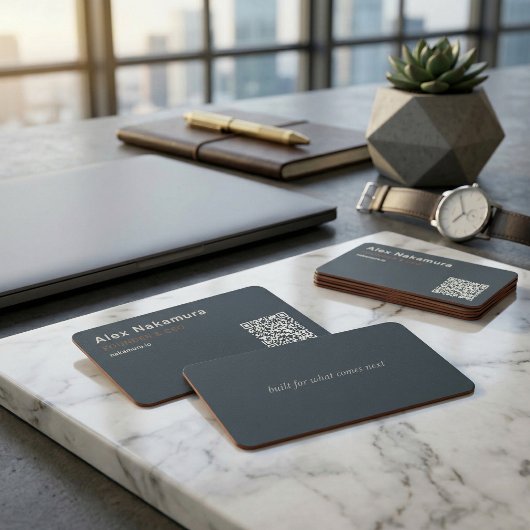 Charcoal Minimal QR Code Tech Founder Startup 名刺