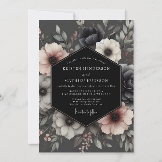 Charcoal Moody Anemone Wedding 招待状 (正面)