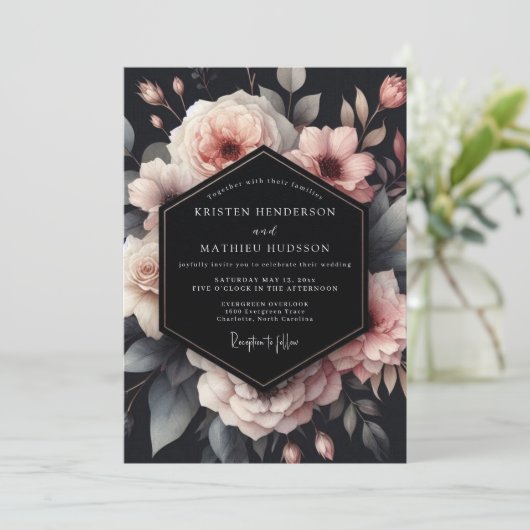 Charcoal Moody Bloom Wedding 招待状 (スタンド正面)