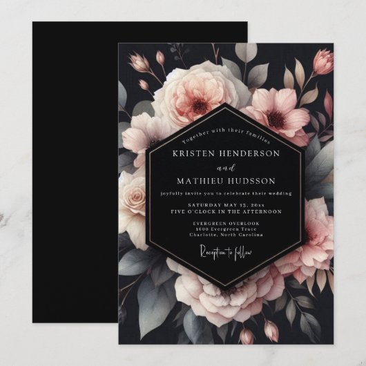 Charcoal Moody Bloom Wedding 招待状 (正面/裏面)