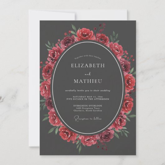 Charcoal Moody Rose Wedding 招待状 (正面)