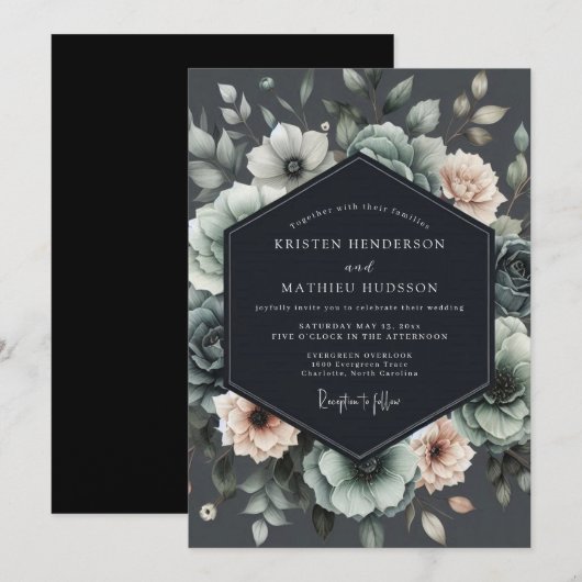 Charcoal Muted Anemone Wedding 招待状 (正面/裏面)