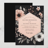 Charcoal Peach Luminous Bloom Wedding 招待状 (正面/裏面)