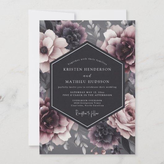 Charcoal Somber Flora Wedding 招待状 (正面)