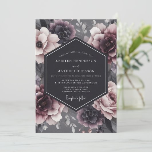 Charcoal Somber Flora Wedding 招待状 (スタンド正面)