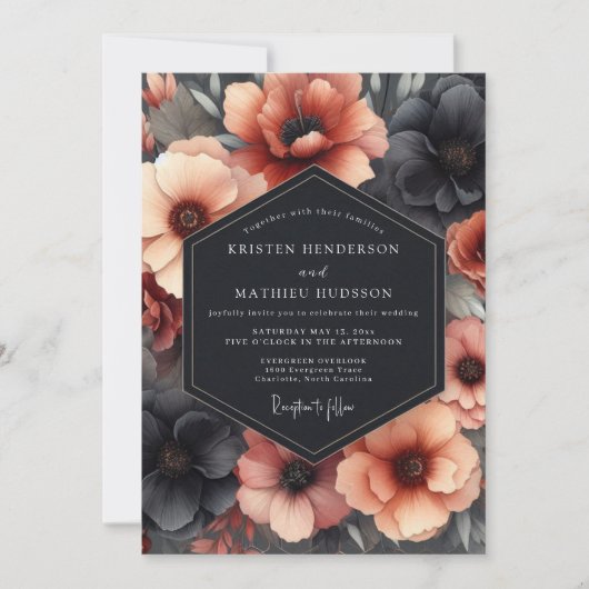 Charcoal & Terracotta Dramatic Bloom Wedding 招待状 (正面)