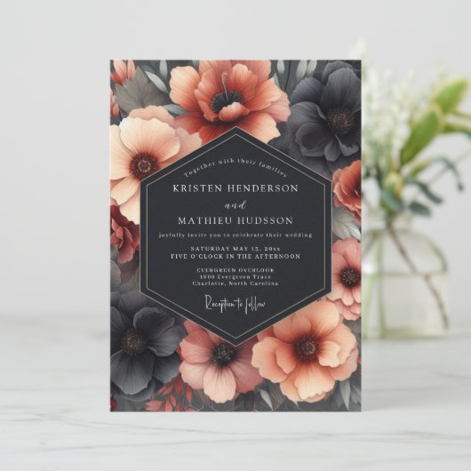 Charcoal & Terracotta Dramatic Bloom Wedding 招待状 (スタンド正面)