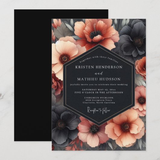 Charcoal & Terracotta Dramatic Bloom Wedding 招待状 (正面/裏面)