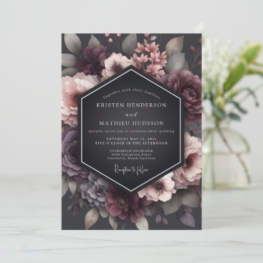 Charcoal Wistful Blossom Wedding 招待状 (スタンド正面)