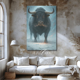 Charging Bull in Snow Winter Blue Western Art キャンバスプリント