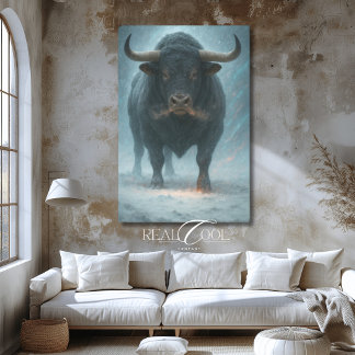 Charging Bull in Snow Winter Blue Western Art キャンバスプリント