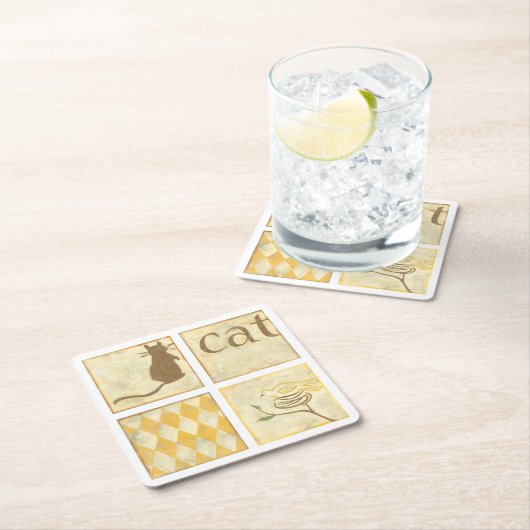 Chariklia Zarris著ブラウン猫そして黄色い鳥 スクエアペーパーコースター (インサイチュ)
