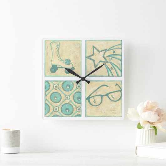 Chariklia Zarris著ローラーのリンクのWoodblockのスケッチ スクエア壁時計 (ホーム)