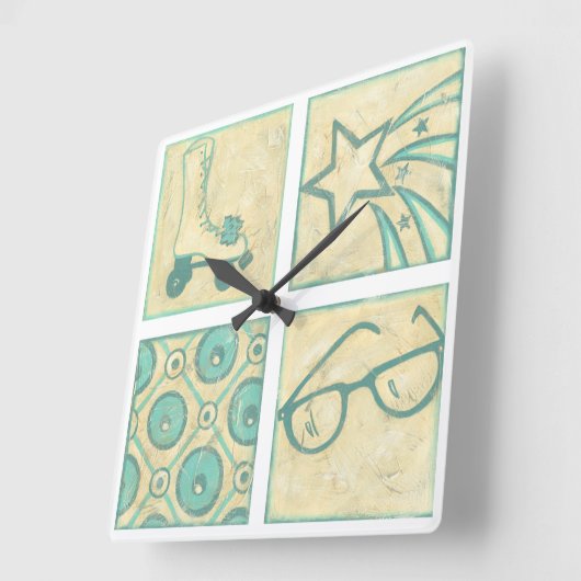 Chariklia Zarris著ローラーのリンクのWoodblockのスケッチ スクエア壁時計 (傾斜)