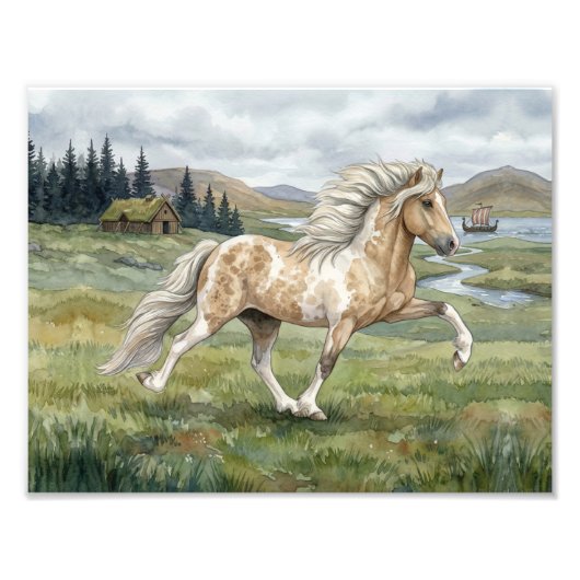 Charismatic Pinto Icelandic Mare watercolor フォトプリント (正面)