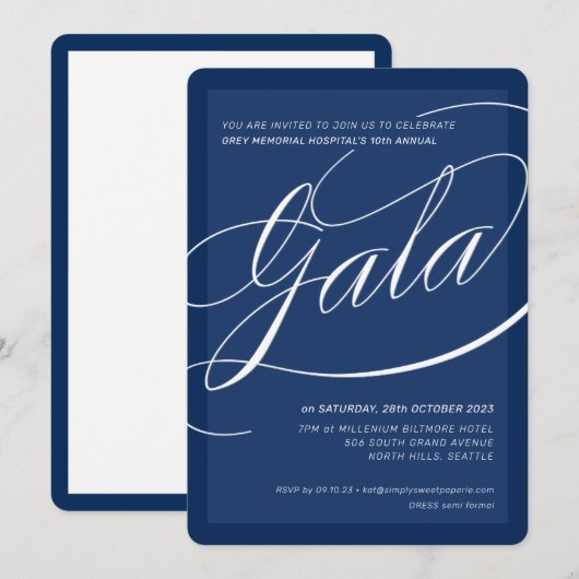 CHARITY GALA 上品なフォーマルカリグラフィー ネイビーブルー 招待状 (正面/裏面)