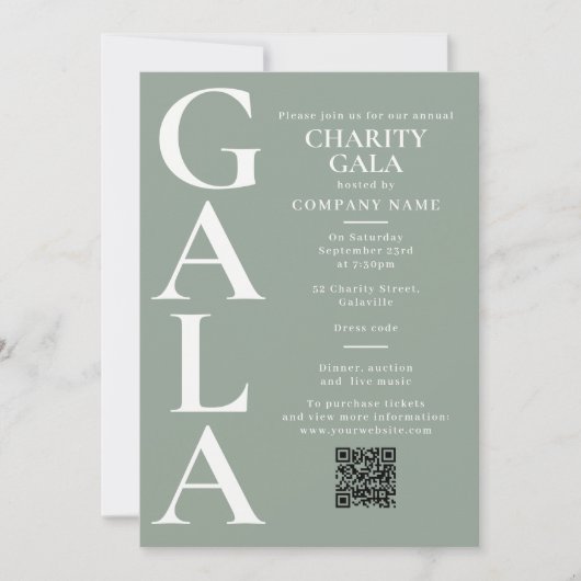 Charity Gala Fundraising Event QR Code Green 招待状 (正面)