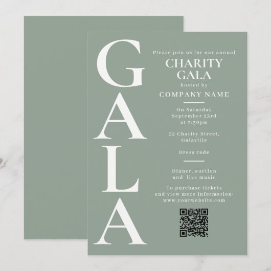 Charity Gala Fundraising Event QR Code Green 招待状 (正面/裏面)