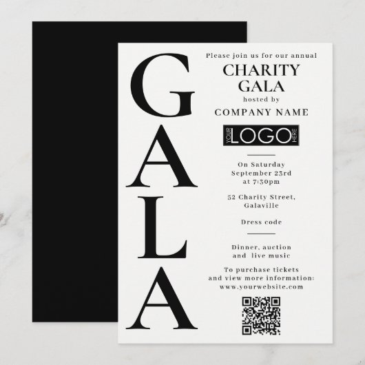 Charity Gala Fundraising Event QR Code Logo 招待状 (正面/裏面)