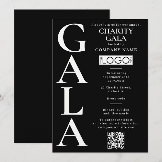 Charity Gala Fundraising Event QR Code Logo 招待状 (正面/裏面)