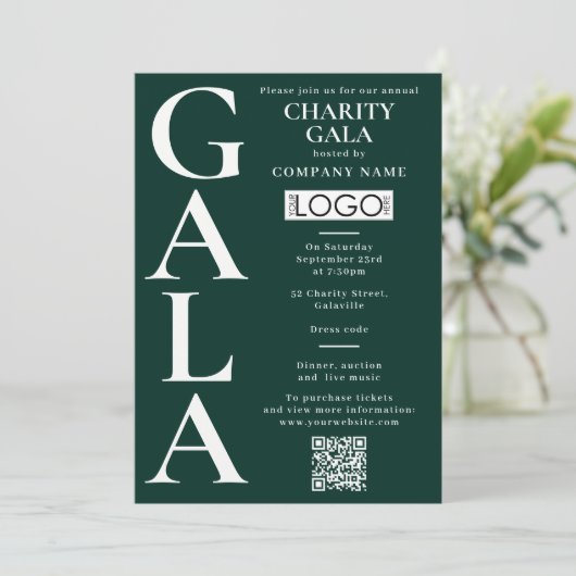 Charity Gala Fundraising Event QR Code Logo Green 招待状 (スタンド正面)