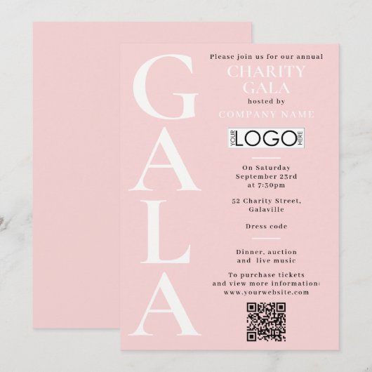 Charity Gala Fundraising Event QR Code Logo Pink 招待状 (正面/裏面)