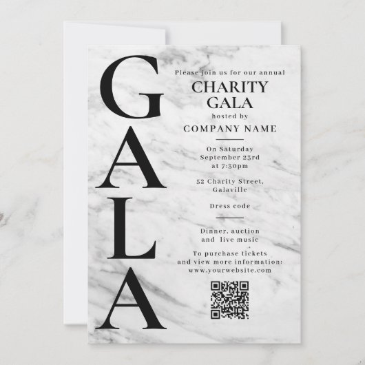 Charity Gala Fundraising Event QR Code Marble 招待状 (正面)