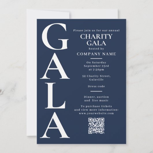 Charity Gala Fundraising Event QR Code Navy Blue 招待状 (正面)