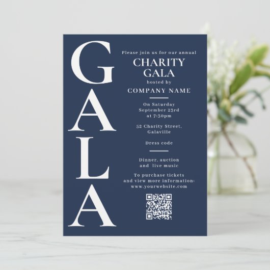 Charity Gala Fundraising Event QR Code Navy Blue 招待状 (スタンド正面)