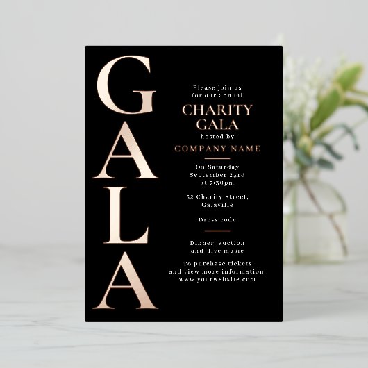 Charity Gala Template Fundraising Event Black 箔招待状 (立ち正面)