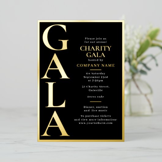 Charity Gala Template Fundraising Event Black Gold 箔招待状 (立ち正面)