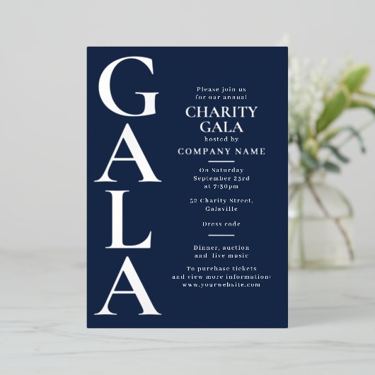 Charity Gala Template Fundraising Event Blue 箔招待状 (立ち正面)