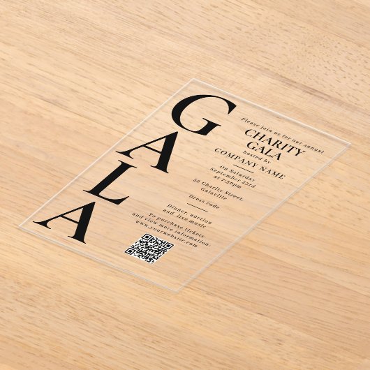 Charity Gala Template Fundraising Event QR Code アクリル招待状 (レイダウン)