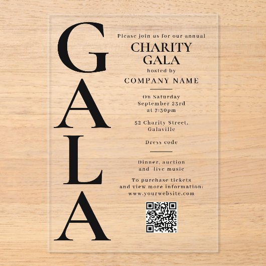 Charity Gala Template Fundraising Event QR Code アクリル招待状 (正面)