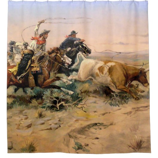 Charles M Russelによる「The Herd Quitter」西洋美術 シャワーカーテン (正面)