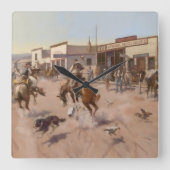 Charles M Russell著「A Quiet Day in Utica」 スクエア壁時計 (正面)