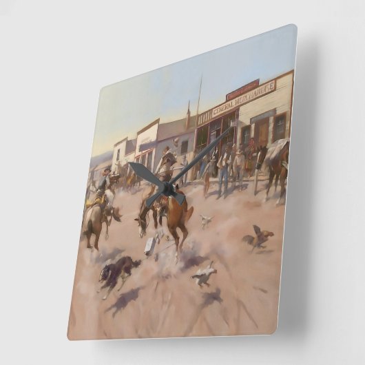 Charles M Russell著「A Quiet Day in Utica」 スクエア壁時計 (傾斜)