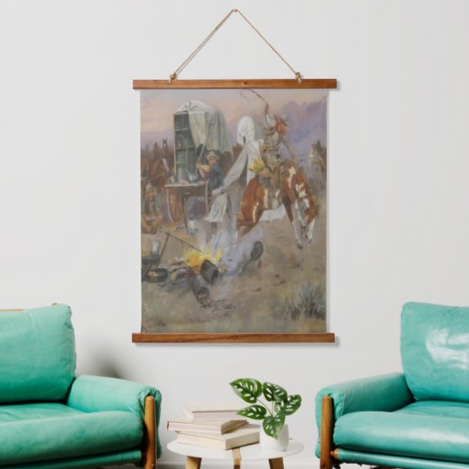 Charles M Russell – ブロンクアットカウキャンプドormat 吊り下げ型タペストリー (リビング)