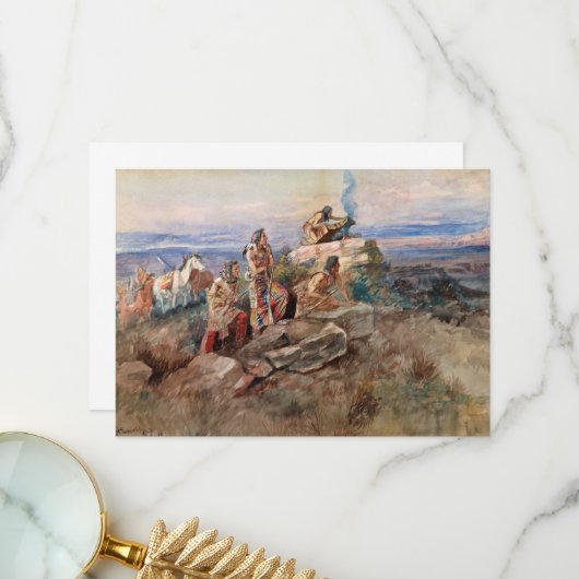 Charles Marion Russellによる煙の信号 サンキューカード (正面/裏面インサイチュ)