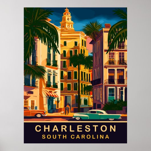 Charleston Downtown, SC，ヴィンテージトラベル ポスター (正面)