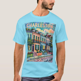 Charleston Rainbow Row SC Colorful Van Gogh Retro Tシャツ