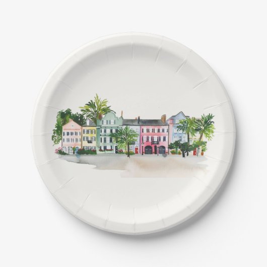 Charleston Rainbow Row Watercolor ペーパープレート (正面)
