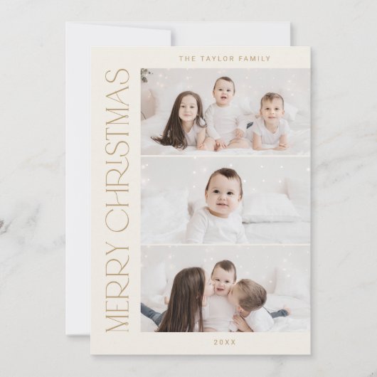 CHARLIE金ゴールド印刷可能3家族の写真クリスマス シーズンカード (正面)