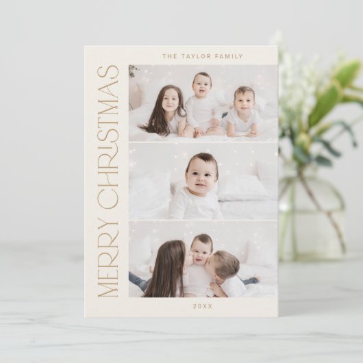CHARLIE金ゴールド印刷可能3家族の写真クリスマス シーズンカード (スタンド正面)