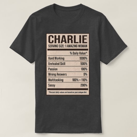 Charlie Nutrition Facts Name Nickname Alias Title Tシャツ (デザイン正面)
