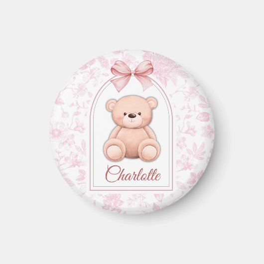 Charlotte | オーダーメイド ピンクのテディベアの保育園デザイン マグネット (正面)