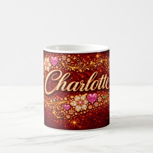 Charlotte Name Pink Hearts Gold Personalized Gift コーヒーマグカップ (中央)