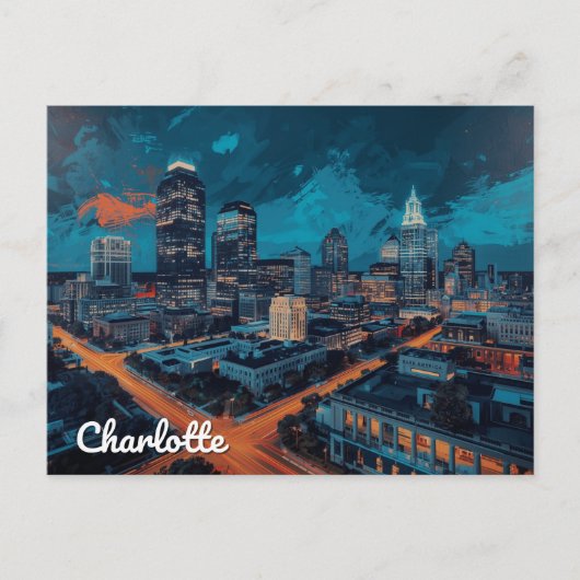Charlotte NC Uptown Night City Art ポストカード (正面)