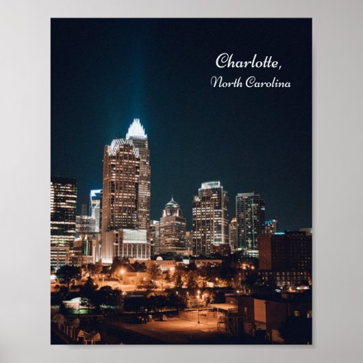 Charlotte North Carolina City Skyline Night ポスター (正面)